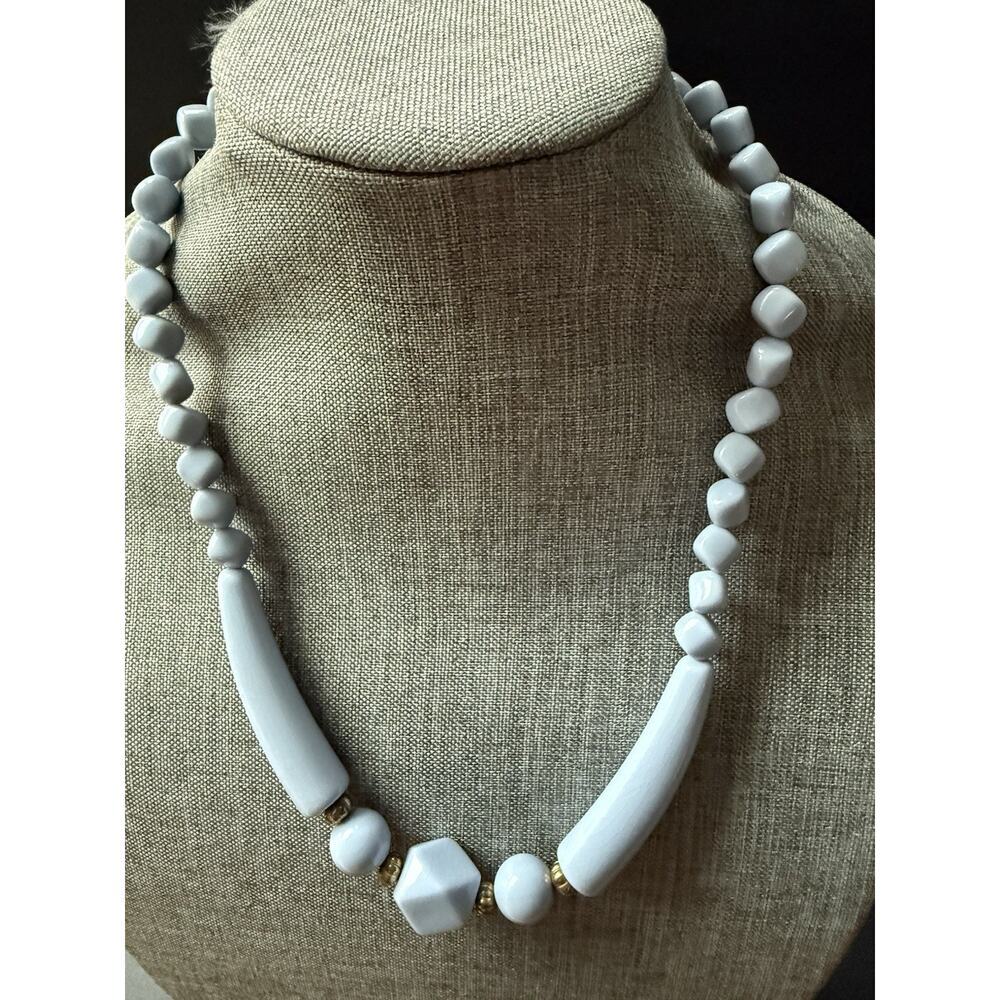 Vintage Lucite Geometric Necklace Blue Beaded Bead 80s Retro Collar Choker Deco